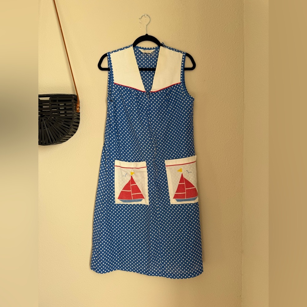 Vintage KOMAR Blue Polka Dot Sailboat Zip Nightgown Dress